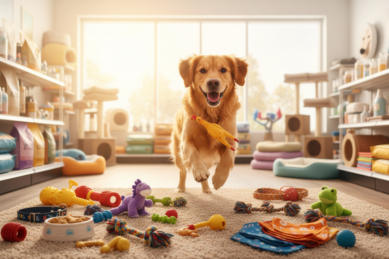 Žaidžiantis šuo su žaislais